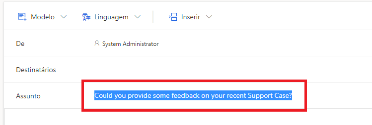 Captura de tela mostrando um modelo de email em uma pesquisa no Dynamics 365 Customer Voice. O assunto está realçado.