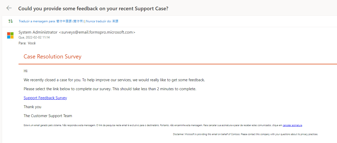 Captura de tela mostrando que um email foi enviado do Dynamics 365 Customer Voice e que foi recebido por um contato.