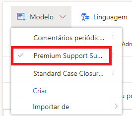 Captura de tela mostrando o menu Modelo aberto com uma lista dos modelos de email disponíveis. O modelo de email Pesquisa de Suporte Premium está realçado.