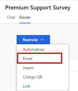 Captura de tela mostrando a guia Enviar da pesquisa com o menu Reenviar aberto. A opção Email está realçada.