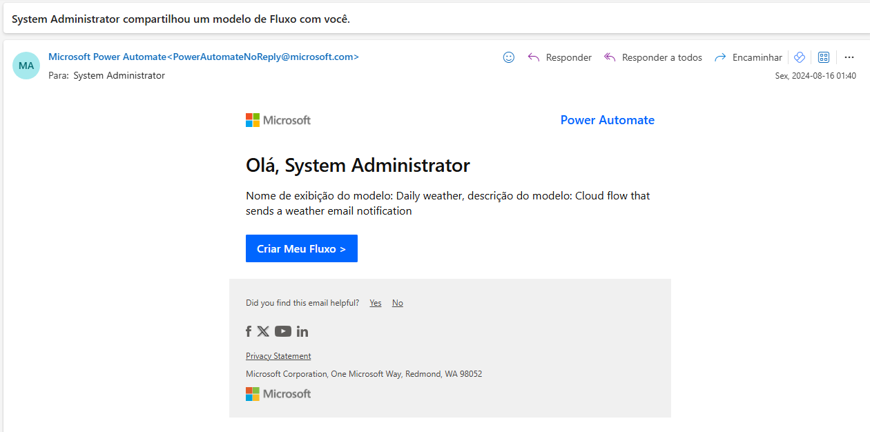 Captura de tela da notificação por email informando que um fluxo foi enviado a você como uma cópia.