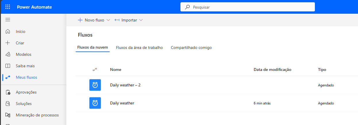 Captura de tela dos fluxos da nuvem.