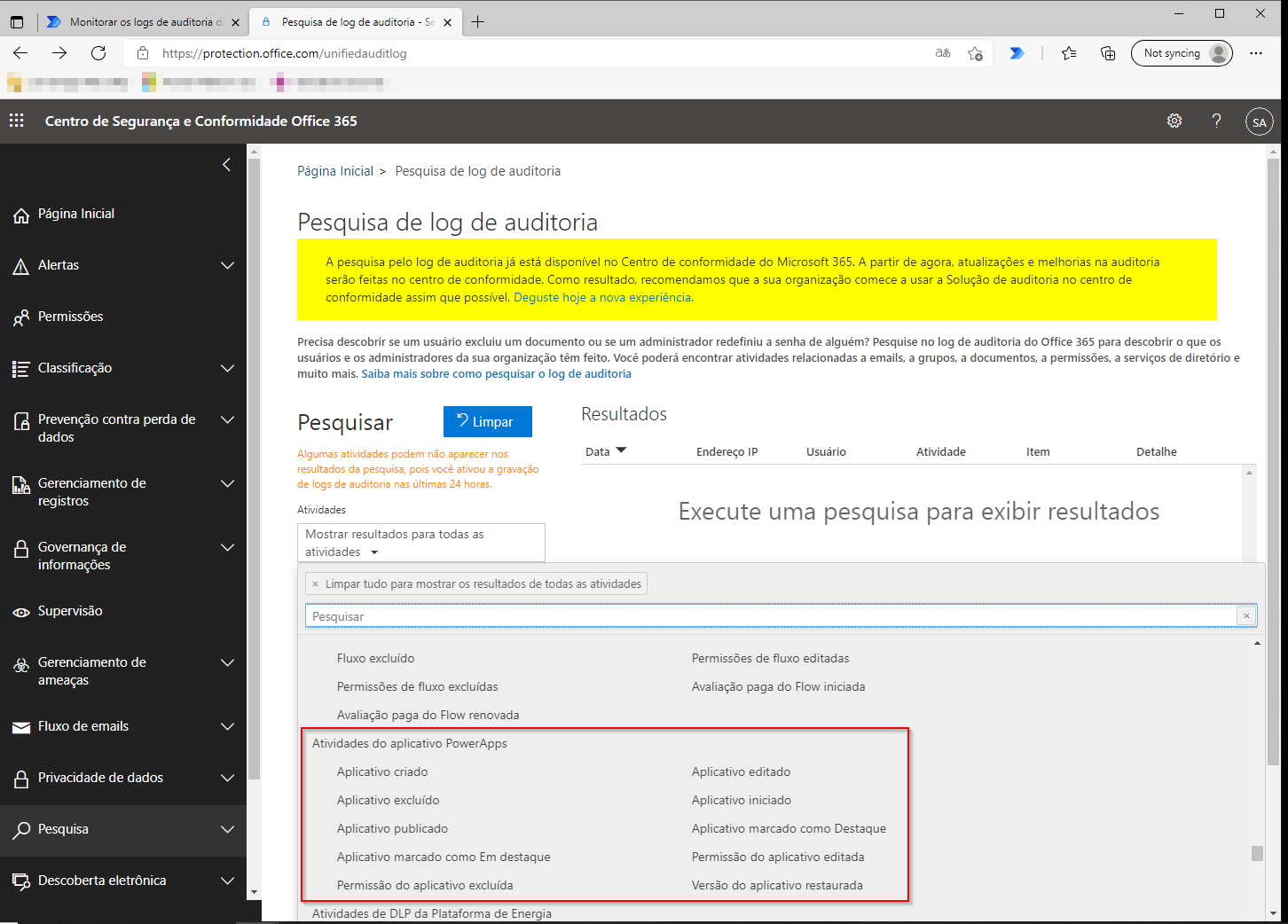 Captura de tela da pesquisa de registro de Auditoria de segurança e conformidade do Office 365 mostrando as atividades do Power Automate.