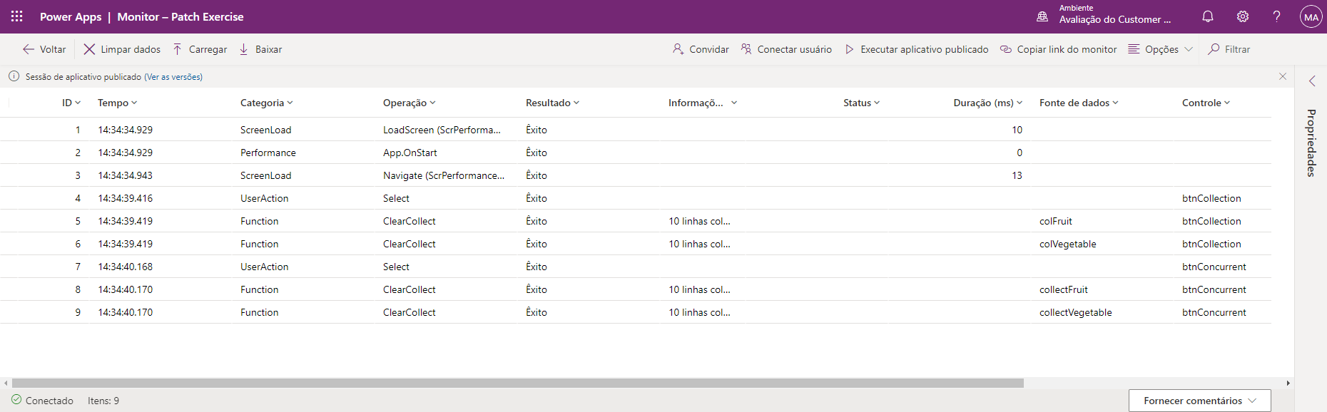 Captura de tela dos resultados do Monitor após a seleção de um botão em um aplicativo.