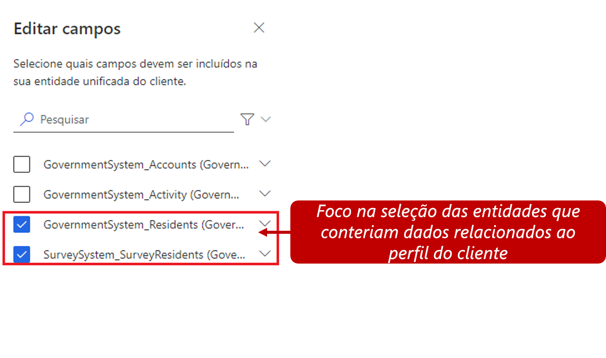 Captura de tela de seleção de campos com dados de perfil de cliente relacionados.