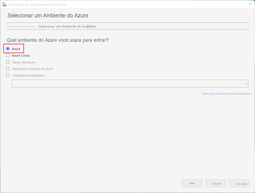 Captura de tela que mostra a tela Selecionar ambiente do Azure no assistente Conectar ao Armazenamento do Azure.