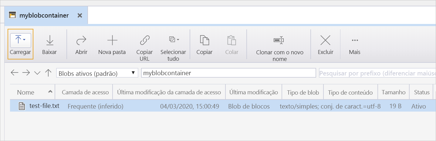 Captura de tela que mostra o arquivo na conta de armazenamento.
