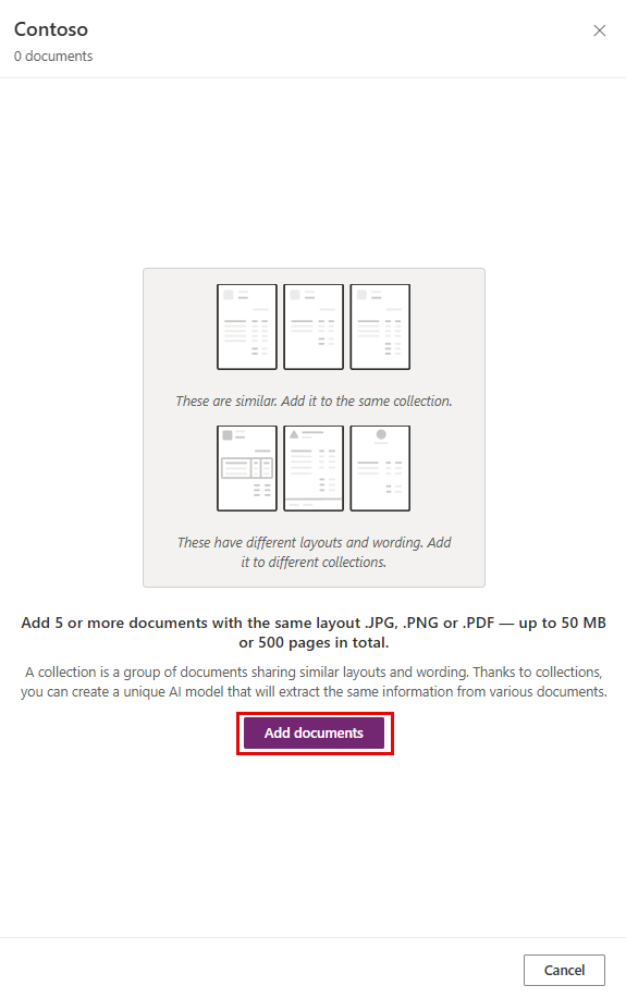 Captura de tela do botão Adicionar documentos.