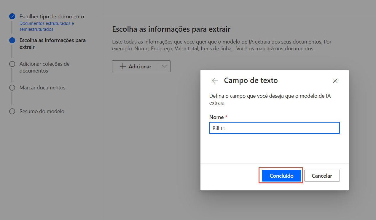 Captura de tela de Adicionar nome do campo com o botão Concluído.