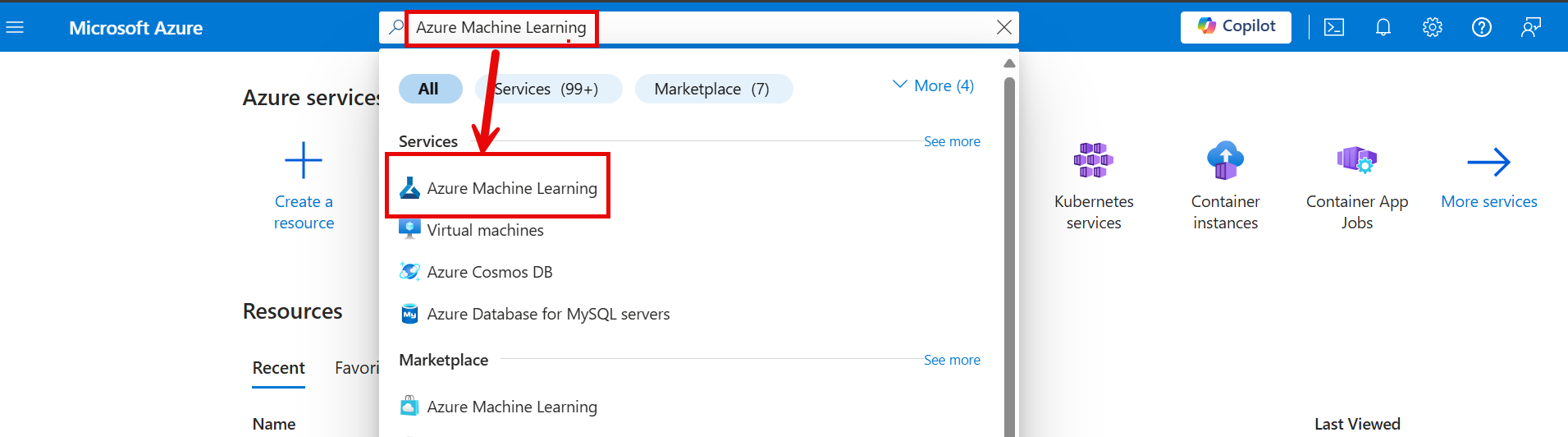 Uma captura de tela que demonstra como navegar até o recurso do Azure Machine Learning.