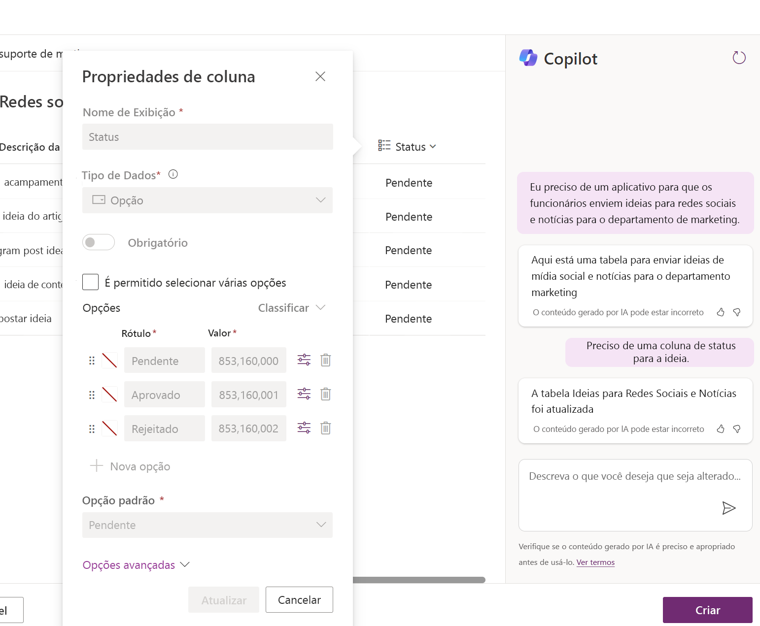 Captura de tela do prompt do Copilot, da nova coluna que o Copilot adicionou e das propriedades da coluna.