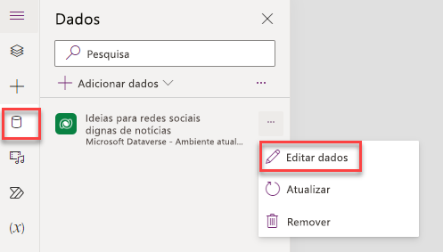 Captura de tela da guia Dados mostrando a seleção do menu Mais ações.