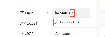 Captura de tela da opção Exibir coluna.