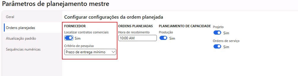  Captura de tela da página Parâmetros de planejamento mestre.