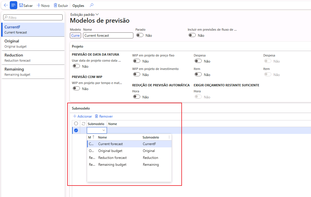 Captura de tela de submodelos na página Modelos de previsão.