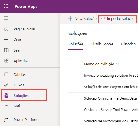 Captura de tela do painel de navegação esquerdo do portal do Power Apps. O foco está nas opções de menu Soluções e Importar solução.