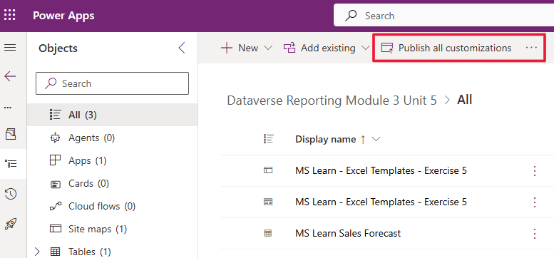 Captura de tela do portal do Power Apps, mostrando o menu Publicar todas as personalizações.