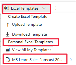 Captura de tela da opção de modelo carregado que está disponível na seção Modelos Pessoais do Excel do menu Modelos do Excel.