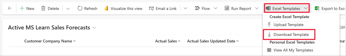 Captura de tela de um aplicativo baseado em modelo de exemplo, exibindo uma lista de previsões de vendas ativas e mostrando a opção Baixar Modelo do menu Modelos do Excel.
