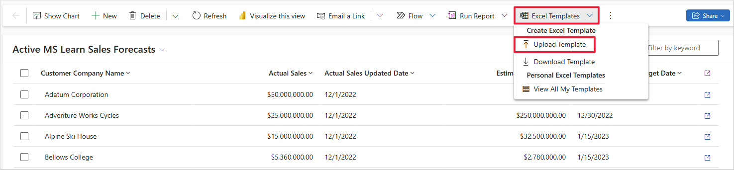 Captura de tela de um aplicativo baseado em modelo de exemplo. O foco está na opção Carregar Modelo da opção de menu Modelos do Excel.
