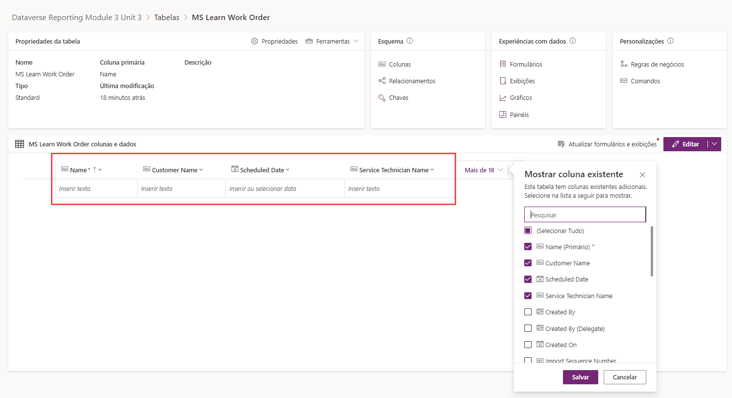 Captura de tela do portal do Power Apps. O foco está nas colunas e nos dados da ordem de serviço.
