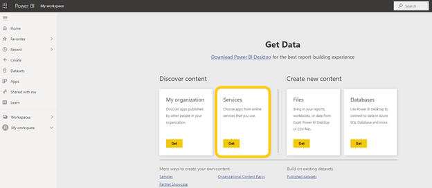 Captura de tela do Power BI de Obter serviços.