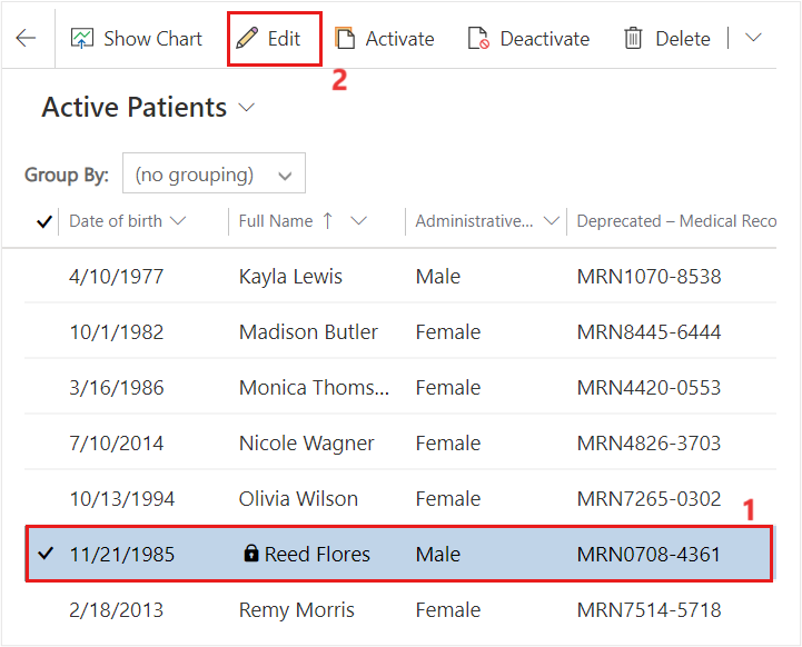 Screenshot of Dynamics 365 Virtual Clinic on the Active Patients view.