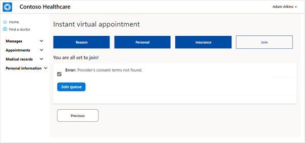 Screenshot of Instant virtual appointment showing Provider's consent terms and the Join queue button.