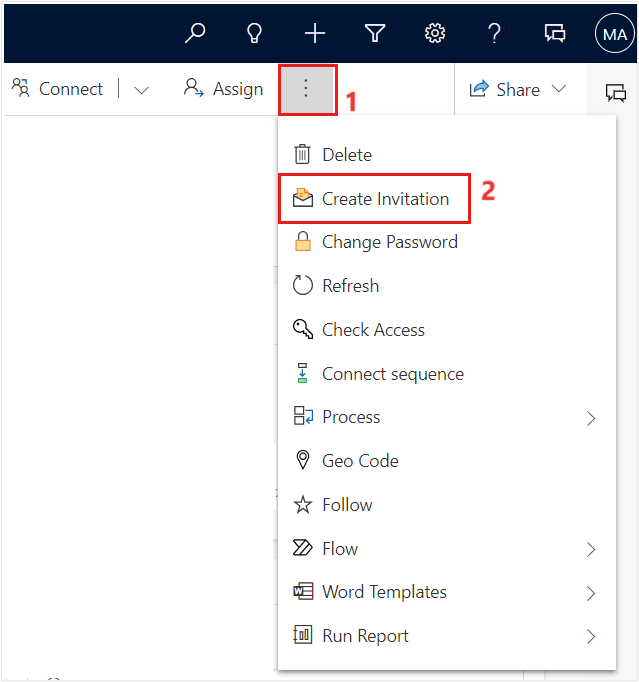 Screenshot of the command bar with the Create Invitation button selected.