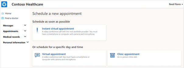 Screenshot of the Schedule a new appointment view showing the Instant virtual appointment option.