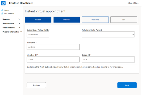Screenshot of Instant virtual appointment showing insurance details filled in.