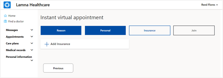 Screenshot of Instant virtual appointment showing the Add Insurance button.