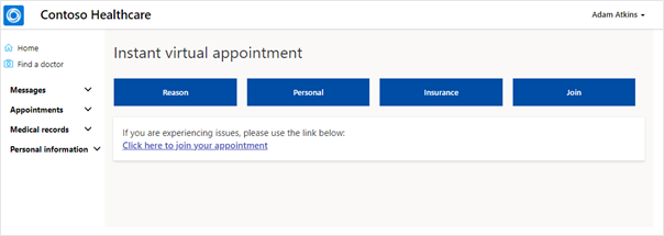 Screenshot of Instant virtual appointment showing the Click here to join your appointment link.