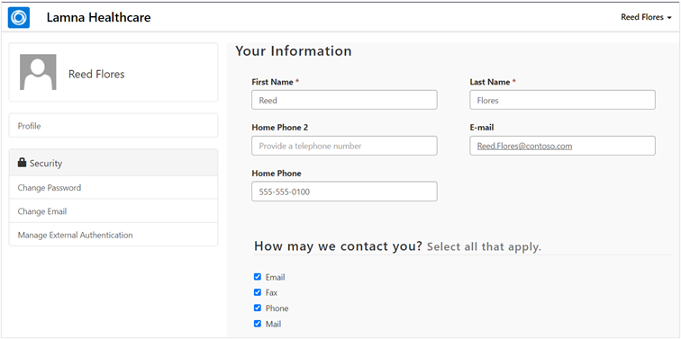 Screenshot of the user profile page with contact information.