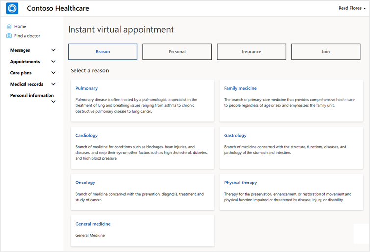 Screenshot of the Instant virtual appointment view showing Select a reason with the General medicine option at the bottom.