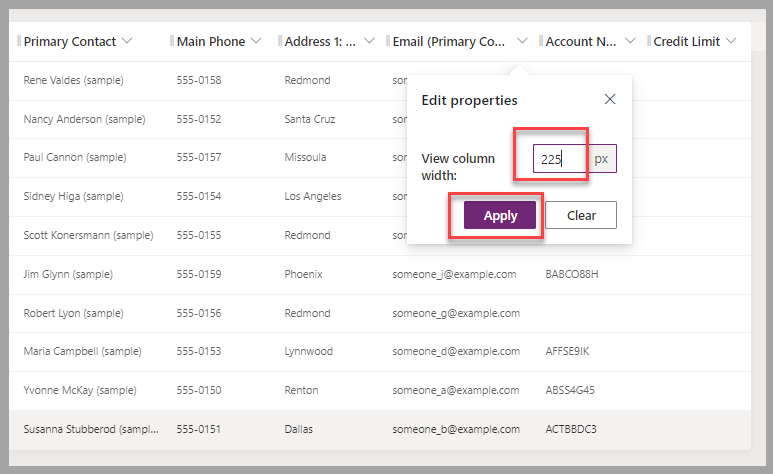 Captura de tela parcial do designer de exibição. O foco está no valor de 225 para o campo Exibir largura da coluna e no botão Aplicar do menu pop-up Editar propriedades.