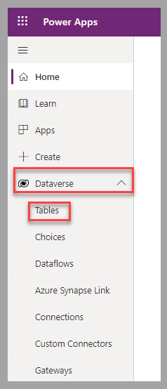 Captura de tela do painel de navegação esquerdo dos portais do Power Apps. O foco está na opção Dataverse expandida e em Tabelas.