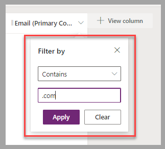 Captura de tela parcial do designer de exibição. O foco está no submenu Filtrar por.