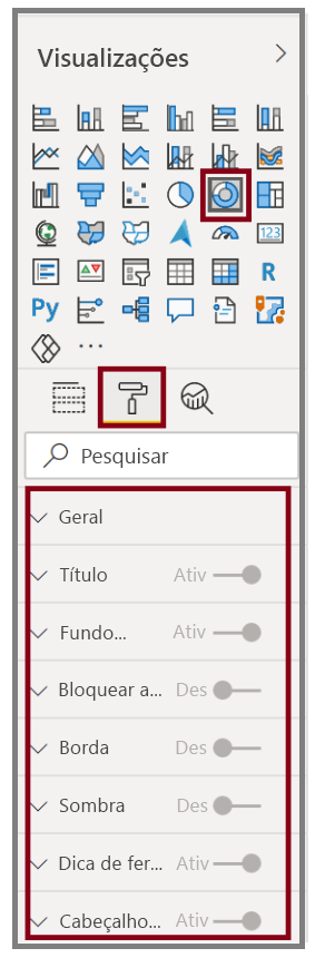 Imagem de um botão visual no painel de Visualizações e suas opções de formatação.