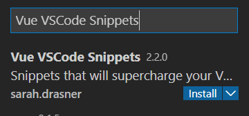 Captura de tela dos resultados da pesquisa pelo Vue VSCode Snippets.