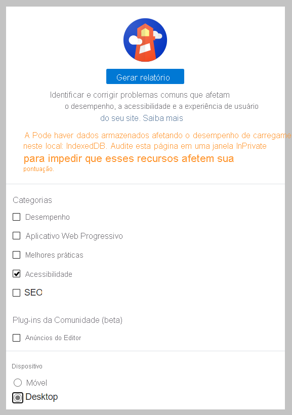 Captura de tela do Lighthouse somente com Acessibilidade selecionado em Categorias e Desktop selecionado como Dispositivo.