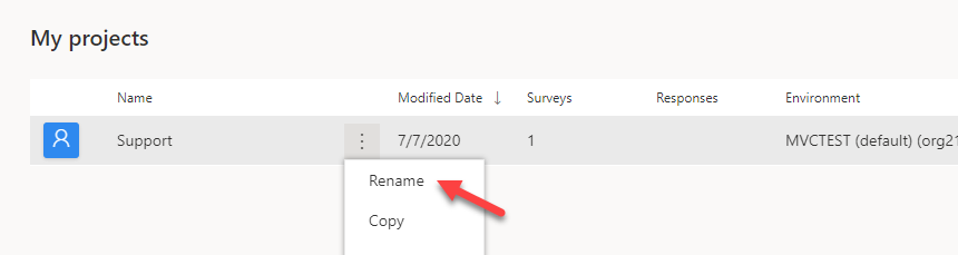 Na lista Meus projetos, o botão de reticências próximo ao projeto Suporte está selecionado e uma seta aponta para Renomear.