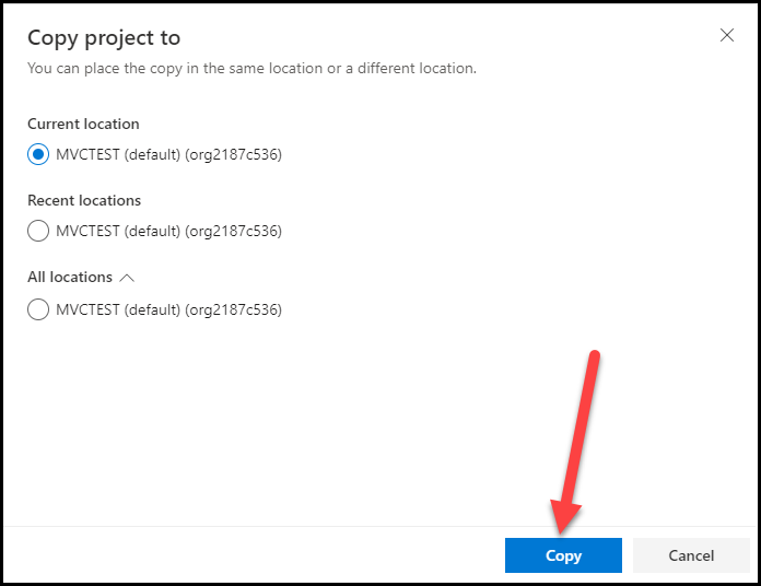 Copiar projeto para está definido como Local atual e uma seta aponta para o botão Copiar.