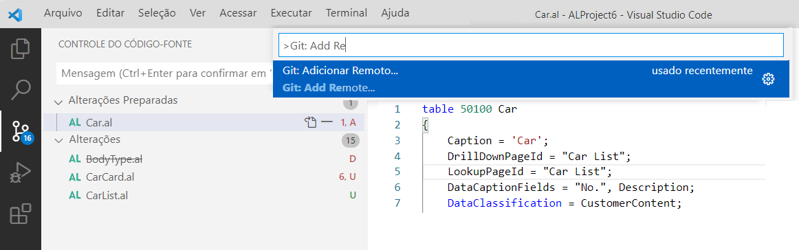 Captura de tela da pesquisa por Git: Add Remote no Visual Studio Code.