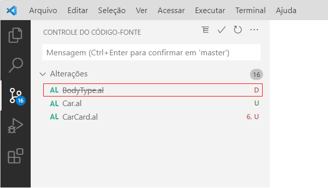 Captura de tela de um arquivo excluído marcado com D no diretório de trabalho.