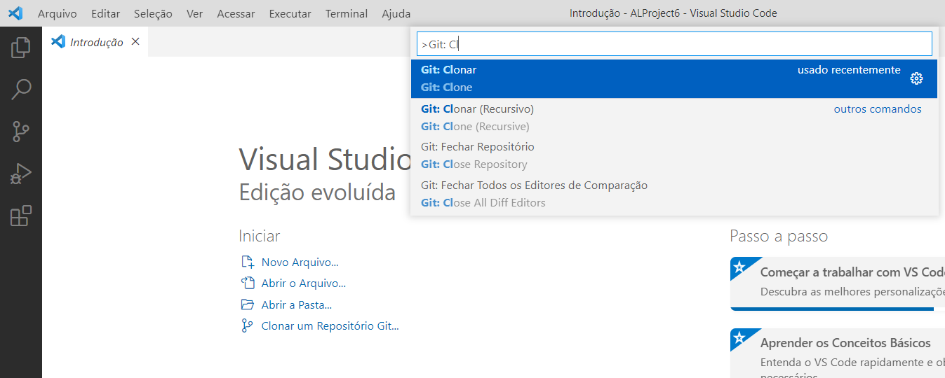 Captura de tela da pesquisa por Git: Clone no Visual Studio Code.