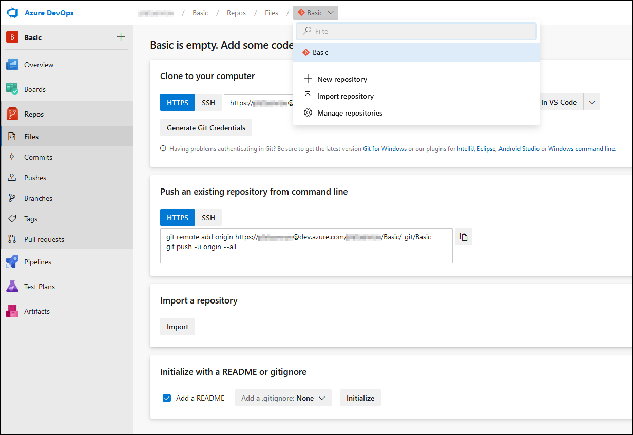 Captura de tela de + Novo repositório no Azure DevOps.