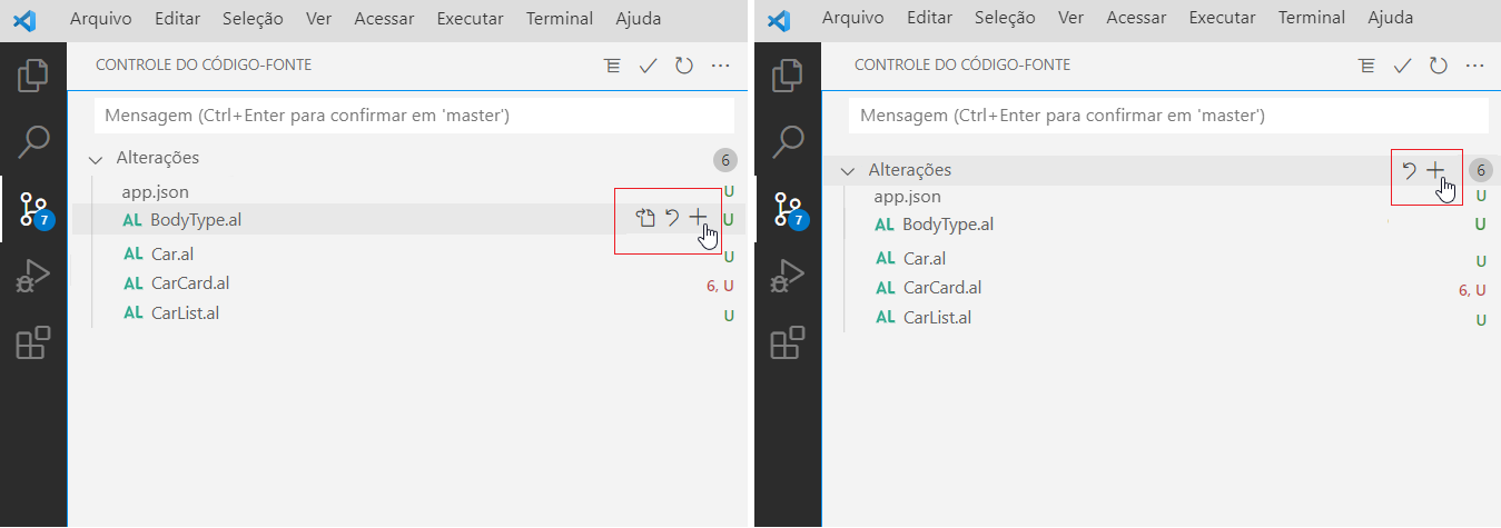Captura de tela do recurso + para adicionar um arquivo na área de preparo.