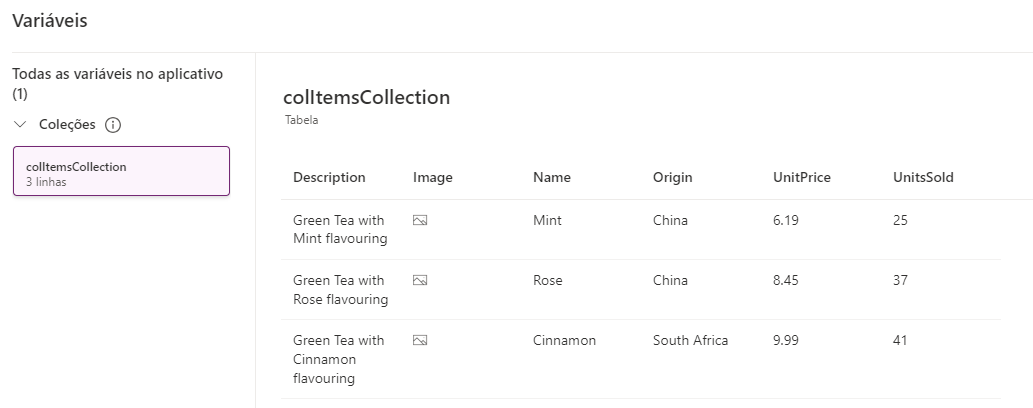Captura de tela das variáveis.