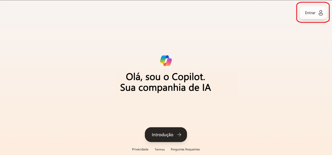 Captura de tela da tela de boas-vindas do Copilot.